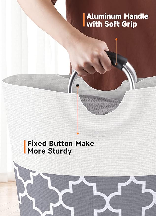 Large Laundry Basket Laundry Hamper Bag Washing Bin Clothes Bag Collapsible Tall with Handles Waterproof Travel Bathroom College Essentials Storage for College Dorm, Family (Grey) 75L