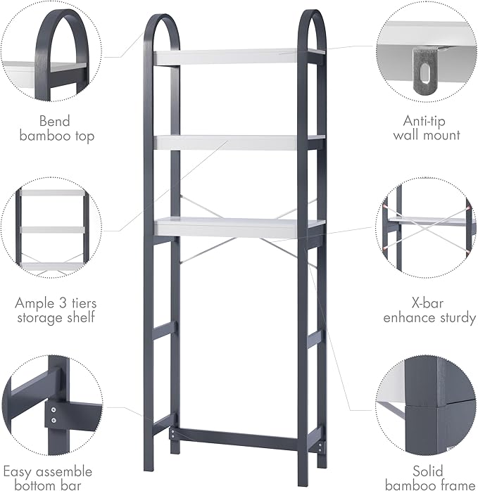 Spirich Over The Toilet Storage Shelf, 3-Tier Over Toilet Bathroom Organizer, Space-Saving Above Toilet Storage Shelf Rack with Bamboo Frame, Gray