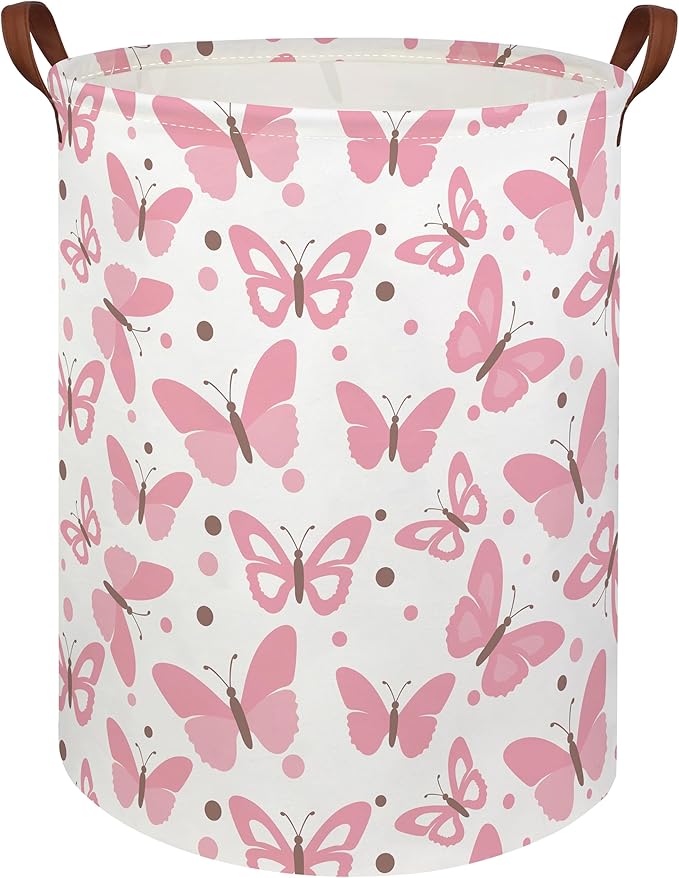 HIYAGON Girls Pink Laundry Baskets Baby Hamper for Nursery Girl Cute Kids Toy Organizer Bins Butterfly Room Decor Bedroom Bathroom(Pink Butterfly)