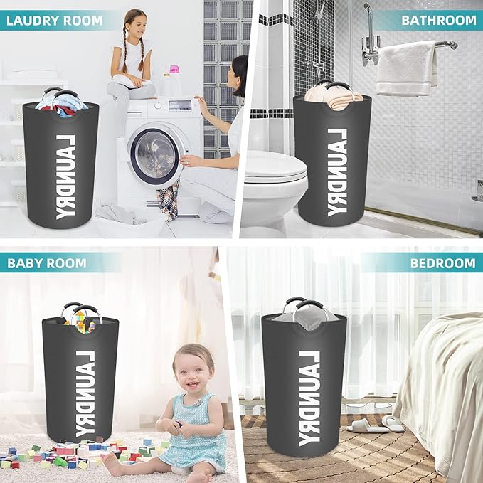 StorageRight 75L Large Laundry Basket, Laundry Hamper, Dirty Clothes Hamper for Laundry, Collapsible, Waterproof Laundry Baskets with Foam Protected Aluminum Handles for Laundry, Dorm, Family (Grey)