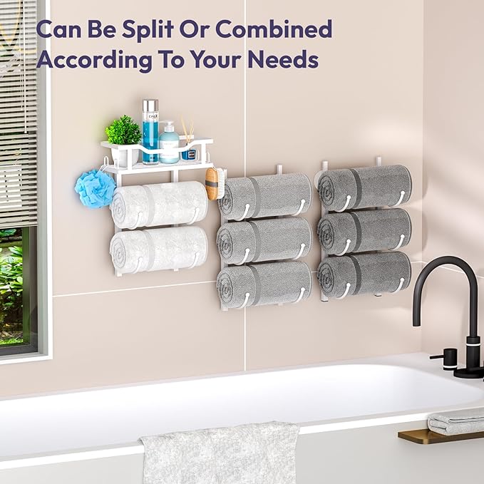 SWTYMIKI Over The Door Towel Rack - 9 Tier Towel Racks for Bathroom Wall Mounted, Towel Holder with Shelf, Hanging Rolled Towel Storage Organizer for Small Bathroom, Camper, RV, White