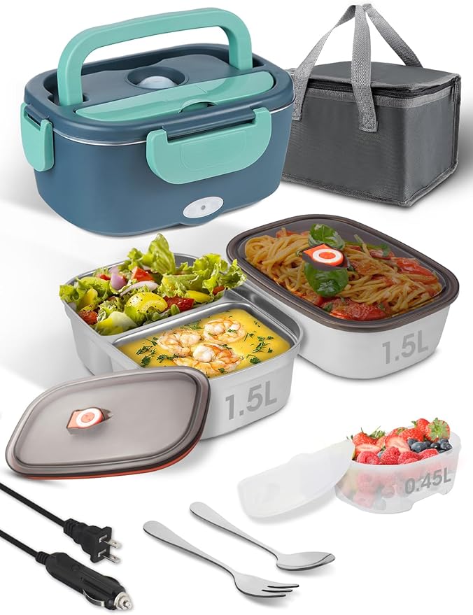 Electric-Lunch-Box-Heated-Food Warmer, 80W Heating Lunchbox for Adults, 2 Pack 1.5L Stainless Steel Containers, 12/24/110V Portable Warmer for Work/Car Lonchera Eléctrica Portátil (Green)