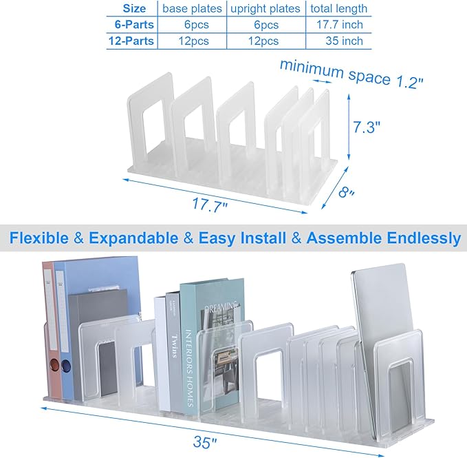 Translucent Frosted Adjustable Vertical File Sorter Sturdy Plastic Expandable Upright File Holder, Desktop Binder Organizer, School Office File Book Organization, Assemble Easily Endlessly