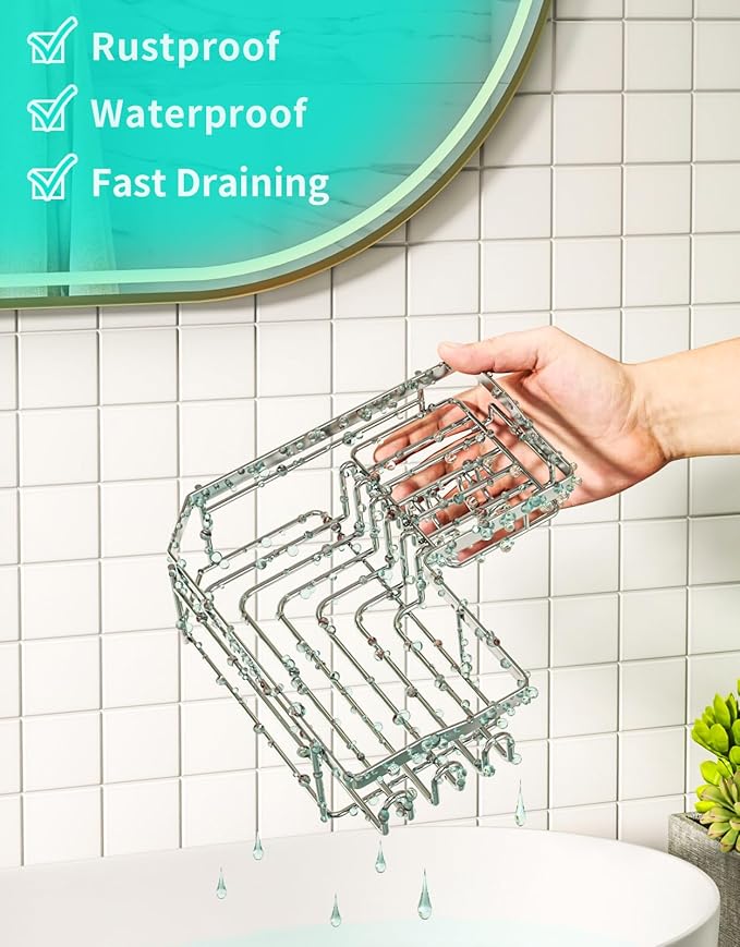 HapiRm Corner Shower Caddy with Shampoo Holder, Shower Organizer with 11 Hooks, No Drilling Rustproof Stainless Steel Bathroom Shelves - Silver (Only for 90 ° Right Angle)