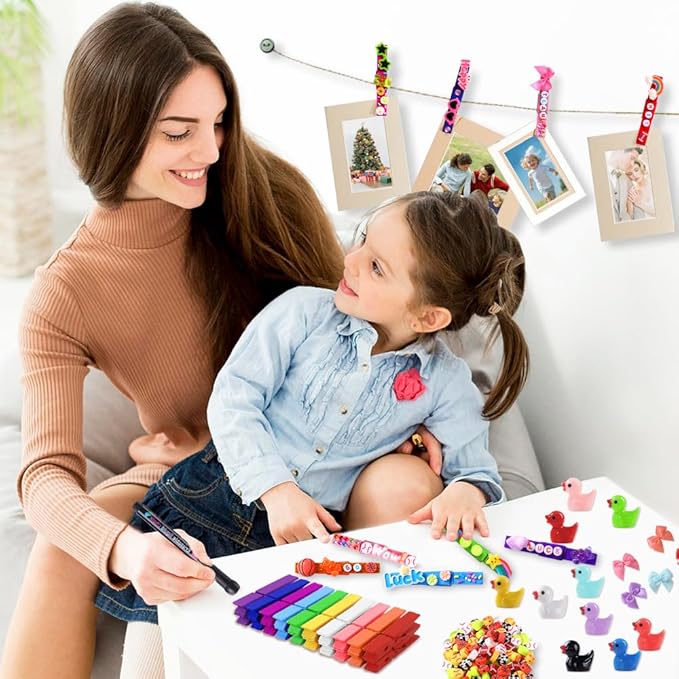 JOICEE 60 Set Cheer Pins Spirit Clips, 60 Colored Wooden Clothes Pins 102 Mini Resin Ducks Bows Daisy and Stickers Pens 150 Clay Beads for Backpacks Ribbon Team Classroom Cheer Gifts Bulk