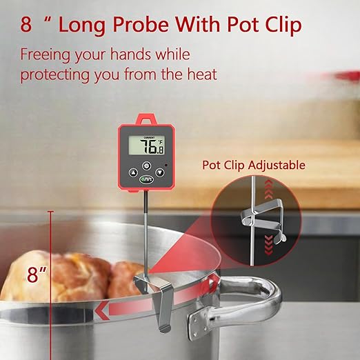 Timloon Digital Candy Thermometer with Pot Clip, Backlight LCD, 8" Long Probe, Temperature Alarm, ℃/℉ Switch, Instant Read Kitchen Thermometer for Cooking, Baking, and Candy Making