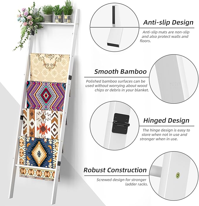 BAMBANG 6-Tier Blanket Ladder for Living Room, Blanket Quilt Ladder Rack Rustic Decorative Towel Holder, Wall Leaning Blanket Ladder Shelf Storage Farmhouse Decor for Bedroom Bathroom, White