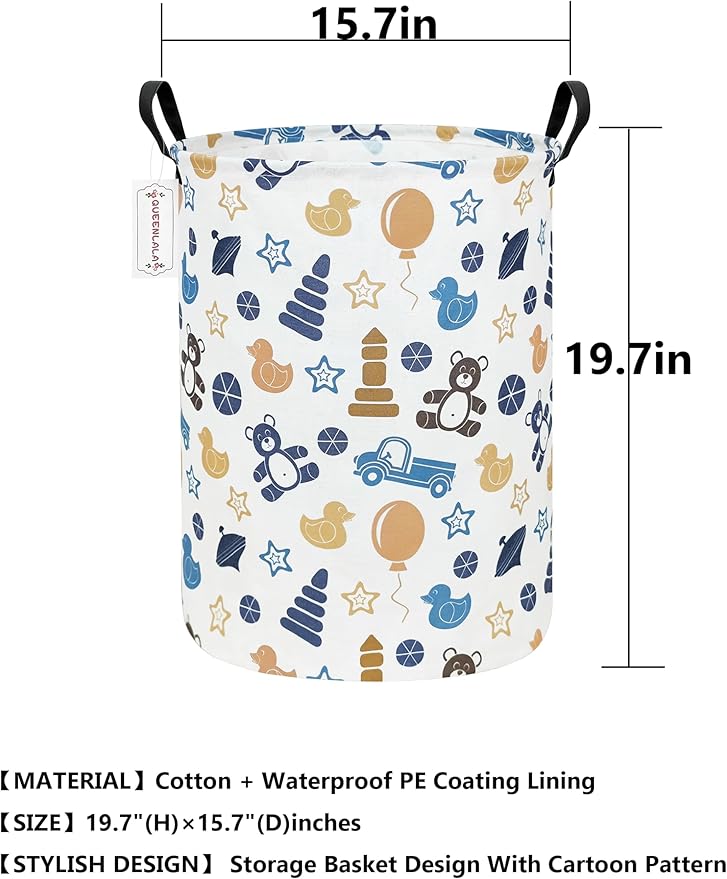QUEENLALA Large Storage Basket,Laundry Hamper/Bathroom/Home Decor/Collapsible Round Storage Bin,Boys and Girls Hamper/Boxes/Clothing(Round-Colorful Bear)