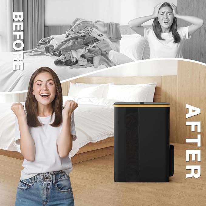 BlissTotes Laundry Basket with Lid, 80L Clothes Laundry Hamper with Handles and Removable Laundry Bag, Breathable Design Hamper with Lid for Bedroom, Bathroom, Dorm, Laundry Room - Black