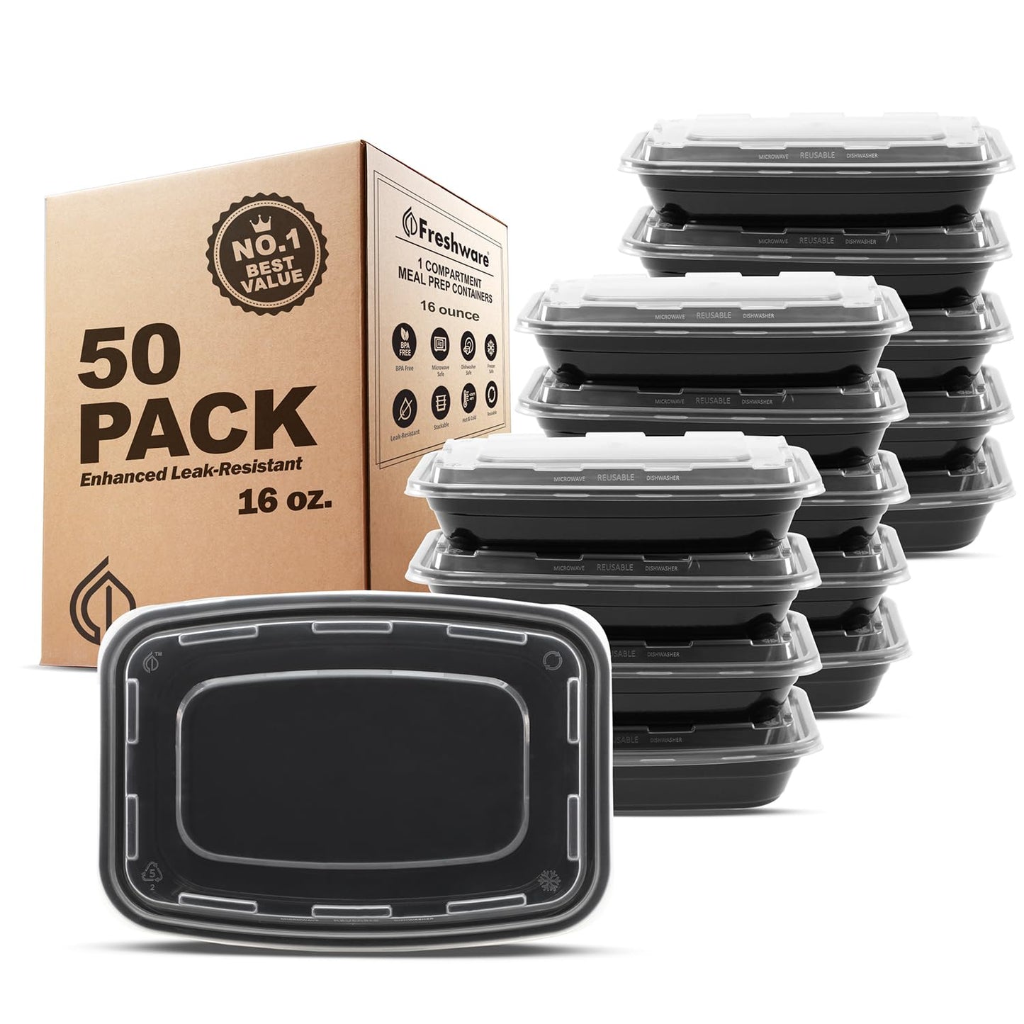 Freshware Meal Prep Containers [50 Pack] 1 Compartment Food Storage Containers with Lids, Bento Box, BPA Free, Stackable, Microwave/Dishwasher/Freezer Safe (16 oz)