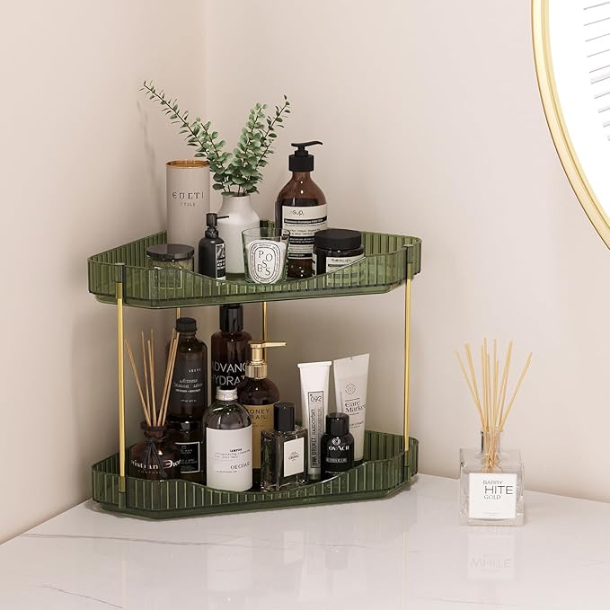 Lifewit 2-Tier Corner Bathroom Counter Organizer, Plastic Makeup Skincare Organizers Storage Countertop, Large Sink Cosmetic Perfume Shelf for Bedroom, Dresser, Kitchen, Vanity, Green, 25 cm/10inch(H)