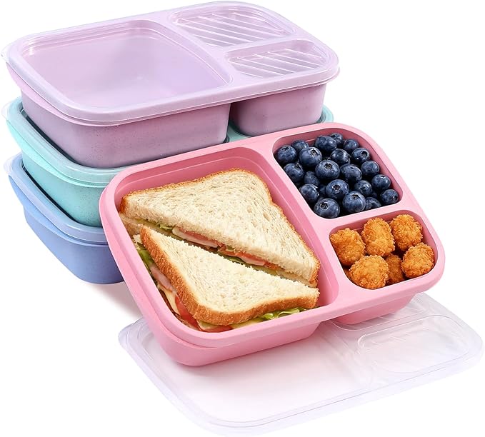 Hyzxyzi 8 Pack Adult Lunch Box Set, Reusable 3-compartment food containers, Microwave and Dishwasher Safe (8 light colors)