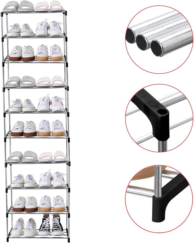 Stackable Small Shoe Rack, Entryway, Hallway and Closet Space Saving Storage and Organization (10-Tier, Black)