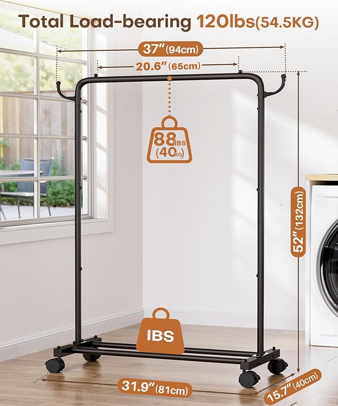 Homde Rolling Clothes Rack with Hooks: Standing Garment Storage for Indoor - Hanging Rod for Bedroom Laundry Room - Coat Dress Organizer on Wheels with luggage shelf (Black, 32")