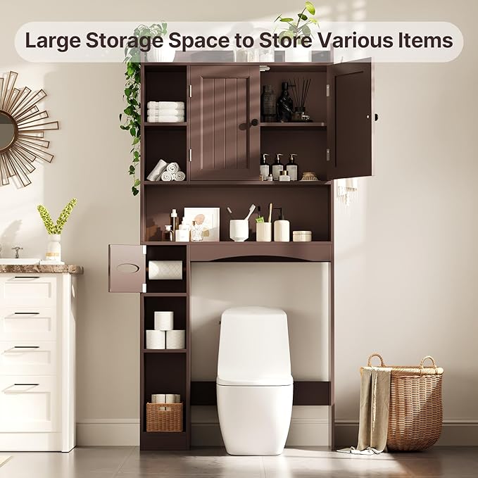 Gizoon Over The Toilet Storage Cabinet, 66''H Over Toilet Storage Cabinet, with Paper Holder, Adjustable Shelves, 2 Doors, Over Toilet Bathroom Organizer, 2 Side Hooks, Space-Saver, Dark Brown