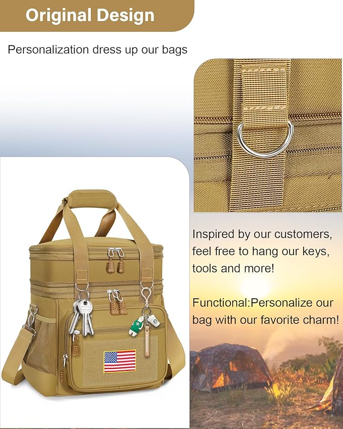 GLENKEY Double Deck Insulated Lunch Box, Expandable Large Lunch Bag Leakproof Cooler Bag Lunch Pail for Men Women Adults Work Shifts Travel Daytrip, Brown