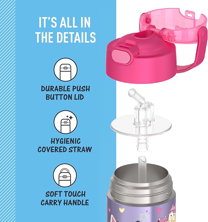 THERMOS FUNTAINER Water Bottle with Straw - 12 Ounce - Kids Stainless Steel Vacuum Insulated Water Bottle with Lid, Gabby’s Dollhouse