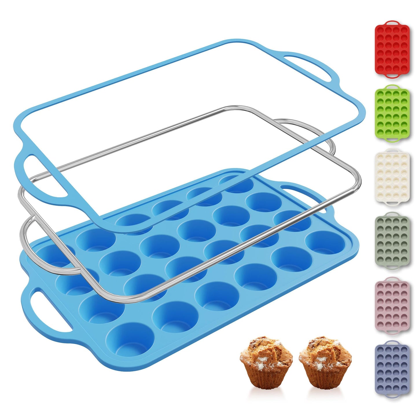 2 Packs 12 Cups Silicone Muffin Pan for Baking with Metal Reinforced Frame Regular Size Cupcake Pan Tray Chocolate Egg Pizza Bites Oven Top Cookie Molds Muffin Tin Tart Pans Sheet Set Bakeware Liner