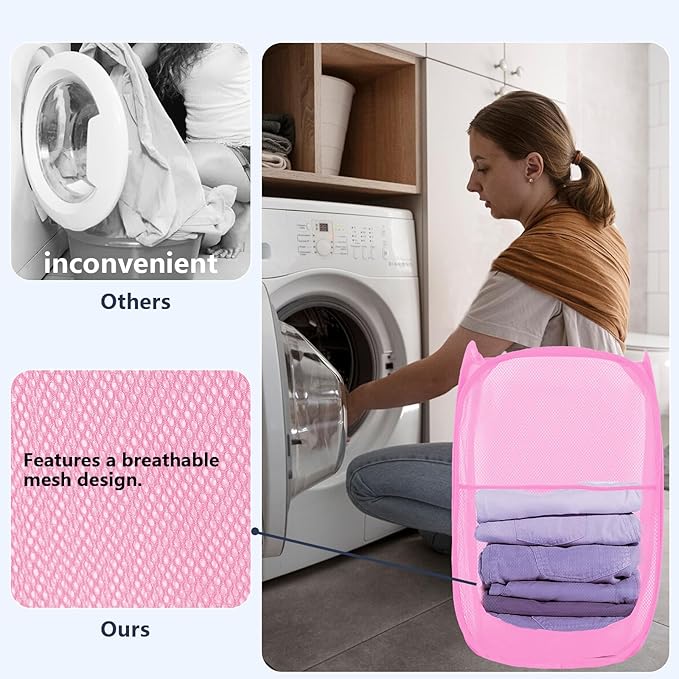 Pop Up Laundry Hamper, Mesh Laundry Basket Collapsible, Foldable Hamper for Travel and Storage (Pink)