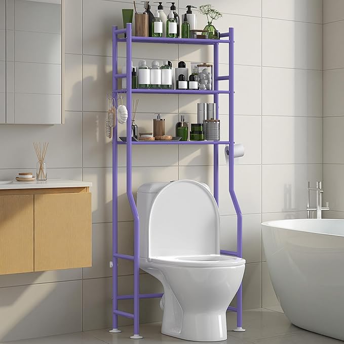 3-Tier Over The Toilet Storage with Paper Holder, Metal Bathroom Organizers and Storage for Small Space, Freestanding Bathroom Shelves with 4 Hooks, Above The Toilet Storage Shelf (Purple)