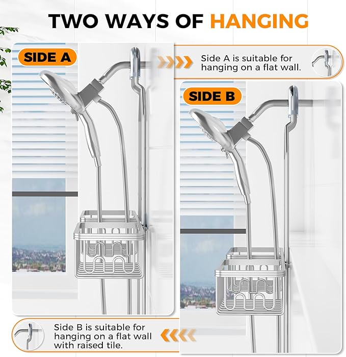 REINHARDT Aluminum Shower Caddy Hanging Adjustable Shower Caddy, Rustproof Hanging Shower Organizer with Hooks Soap Holders, Over Shower Head Caddy for Handheld Showerhead, Silver
