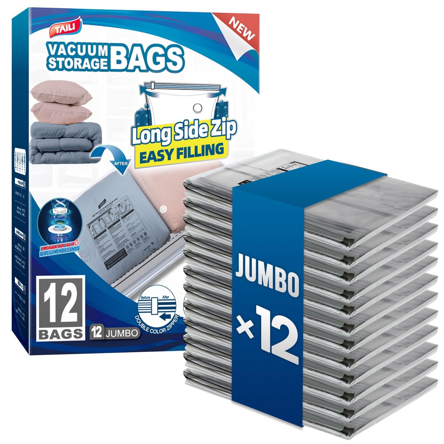 TAILI 8 Pack Vacuum Storage Bags, 2 Size Combo(4 Large+4 Jumbo), Clear