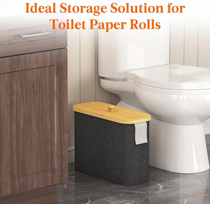 Lifewit Toilet Paper Storage Holder for 9 to 12 Rolls, Free Standing Toilet Paper Basket Stand with Bamboo Lid, Collapsible Fabric Bathroom Organizer Box for Mega Rolls, 23L, Large, Dark Gray