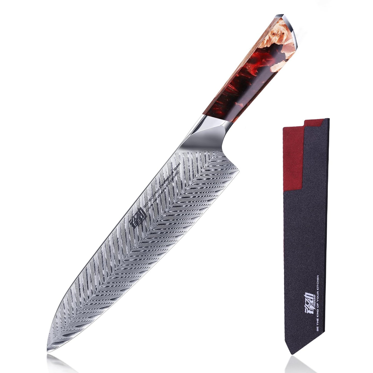 FINDKING Nebula Series Kitchen Utility Knife with ABS Sheath, Versatile Small Petty Knife, 10Cr15CoMov Damascus Blade, Resin and Figured Sycamore Handle, Full Tang, 5 Inch, Blue, for Fruit, Steak