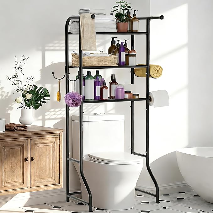 3-Tier Over The Toilet Storage Shelf，Bathroom Organizers and Storage Over Toilet，Metal Bathroom Space Saver with 2 Bars，1 Paper Holder and 4 Hooks,Black