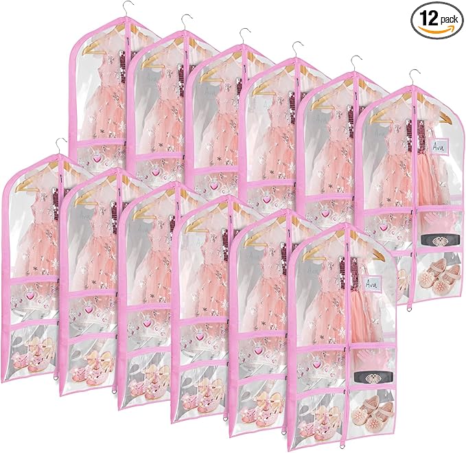 Univivi Clear Pink PVC Dance Costume Bags (12 Pack) Garment Bag 40 Inch for Dance Competitions, with 4 Medium Clear Zipper Pockets and 1 Large Back Zippered Pocket [Upgraded Version]