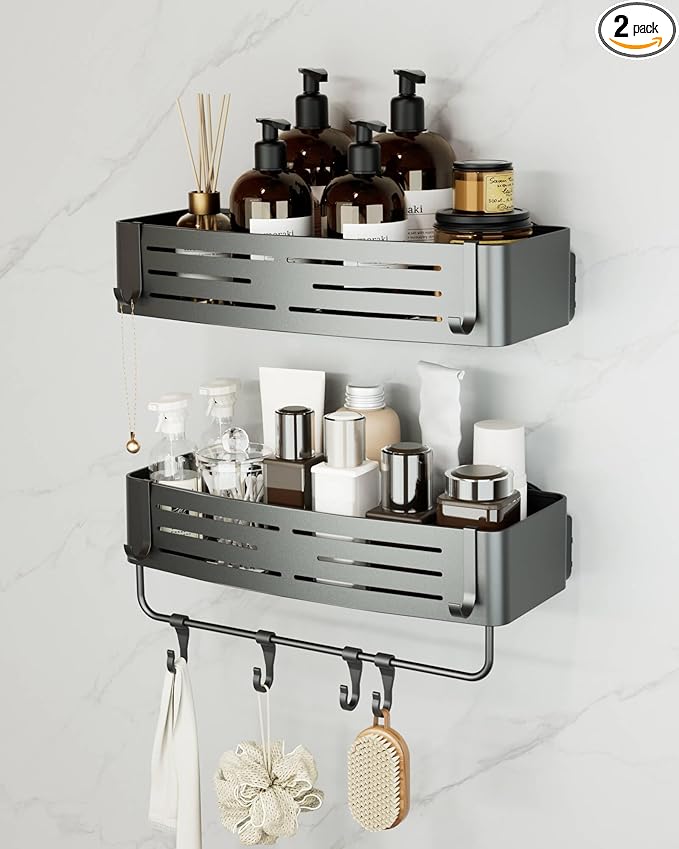 Onemake Shower Caddies Suction Cup, 2-Pack Removable Bathroom Shelf, Shower Organizer with Portable Hooks, Shower Caddy Corner Waterproof Holder with Towel Bar, Gray