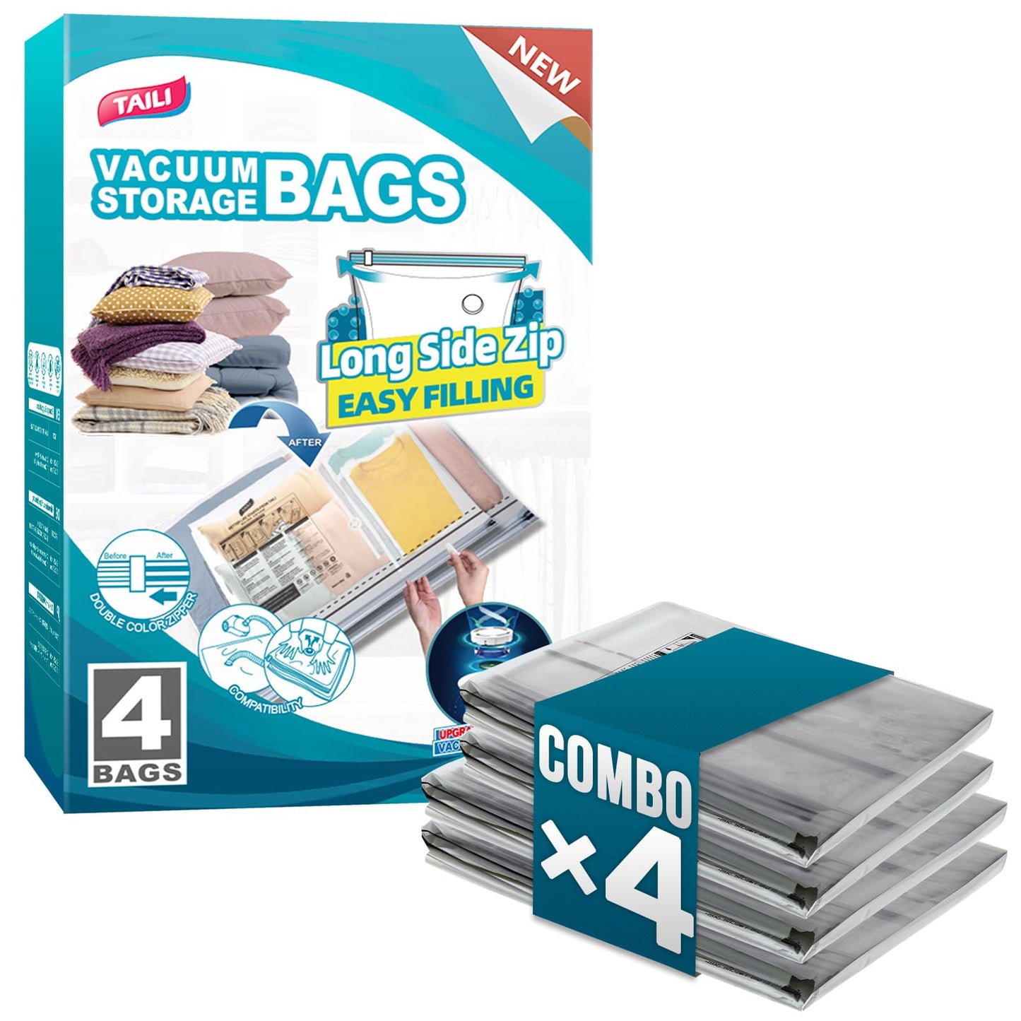 TAILI 8 Pack Vacuum Storage Bags, 2 Size Combo(4 Large+4 Jumbo), Clear