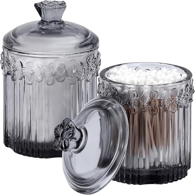 rejomiik 2 Pack Qtip Holder Glass Apothecary Jars with Lids Bathroom Accessories Vanity Organizers and Makeup Storage Canister for Cotton Swabs, Balls, Pads, Floss Picks, Candy, Gray