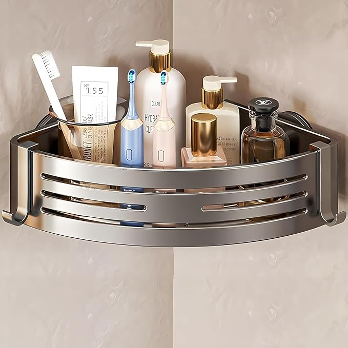 Corner Shower Caddy Suction Cup,Shower Shelves with Hooks,No Drilling Powerful Suction Bathroom Organizers and Storage,Removable Waterproof Rustproof Shower Bathroom Accessories Decor(Grey 1Pack)