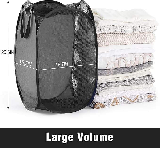 TECHMILLY Collapsible Mesh Pop Up Laundry Hamper with Sturdy Handles and Side Pocket - Portable Foldable Clothes Baskets for Dorm, Bathroom & Travel Storage (with Drawstring, Black, 2 Packs)