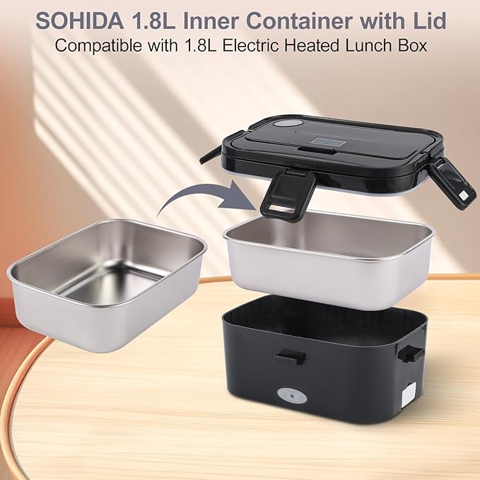1.8L Stainless Steel Inner Container with Lid – Single Compartment, Removable, Dishwasher Safe, Compatible with 1.8L Electric Heated Lunch Box