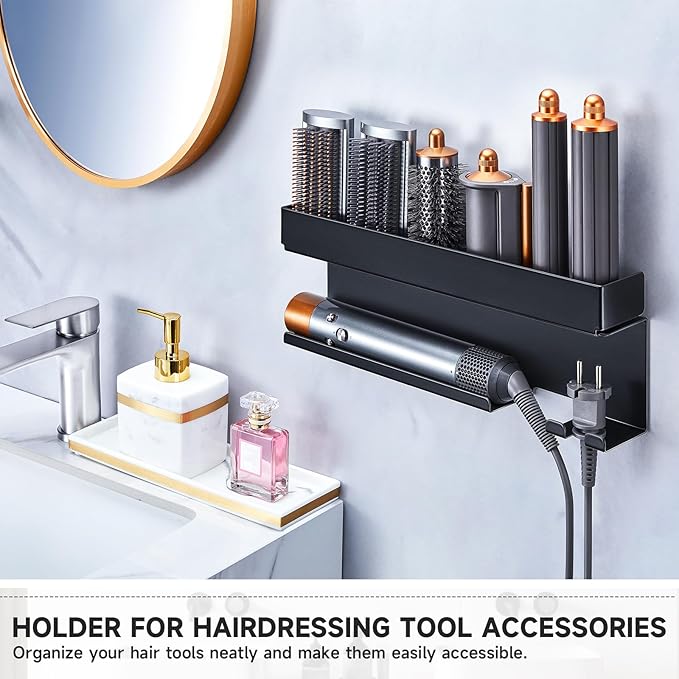 Storage Hair Dryer Holder for Curling Iron Accessories, Hair Tool Organizer Wall Mount, Curling Iron Holder Organizer, Bathroom Hair Straightener Holder Stand for Styler Attachments Organizer, Black