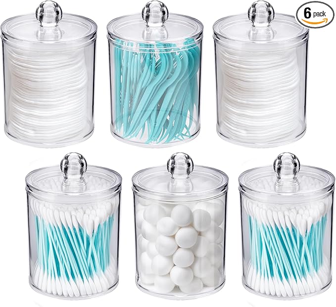 WEISHI 6 Pack Qtip Holder Dispenser -Cotton Ball, Swab, Round Pads, Floss , Small Clear Plastic Apothecary Jar Containers with Lids for Bathroom Storage and Organization, Vanity Organizer