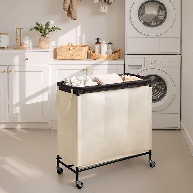 StorageWorks 3 Section Laundry Hamper, Rolling Laundry Cart with Wheels and Handles, Laundry Room Double Sorter for Organizer and Storage, 31.7 Gal(120L), Beige
