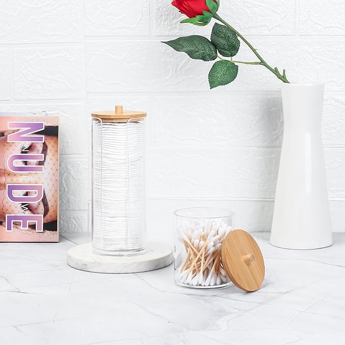 2 Pcs Qtip Holder, Cotton Pads Balls Dispenser Holders, Clear Cotton Swab Makeup Canister, Apothecary Jar Holder Organizer with Bamboo Lid for Bathroom Tabletop Vanity Makeup Storage Box