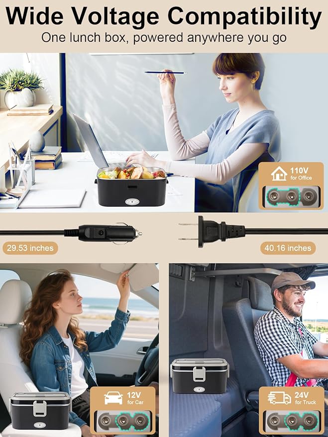 1.8L+0.5L Heated Lunch Box for Men, 80W Electric Lunch Box with Long-handled Utensils for Adults, 12V/24V/110V Lonchera Eléctrica Portátil, Portable Food Warmer for Car/Truck/Office (B/G)