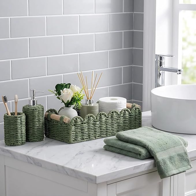 CubesLand Bathroom Basket Organizer, Toilet Tank Paper Storage Baskets 2-Pack, Scalloped Decorative Basket for Countertop w/Handle, Wicker Basket for Bathroom Decor, Home Decor, Living Room, Green