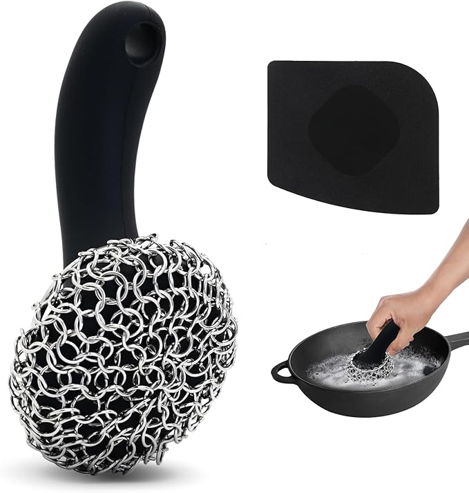 Cast Iron Scrubber with Long Handle Dish Scouring Pad Chainmail Cleaner