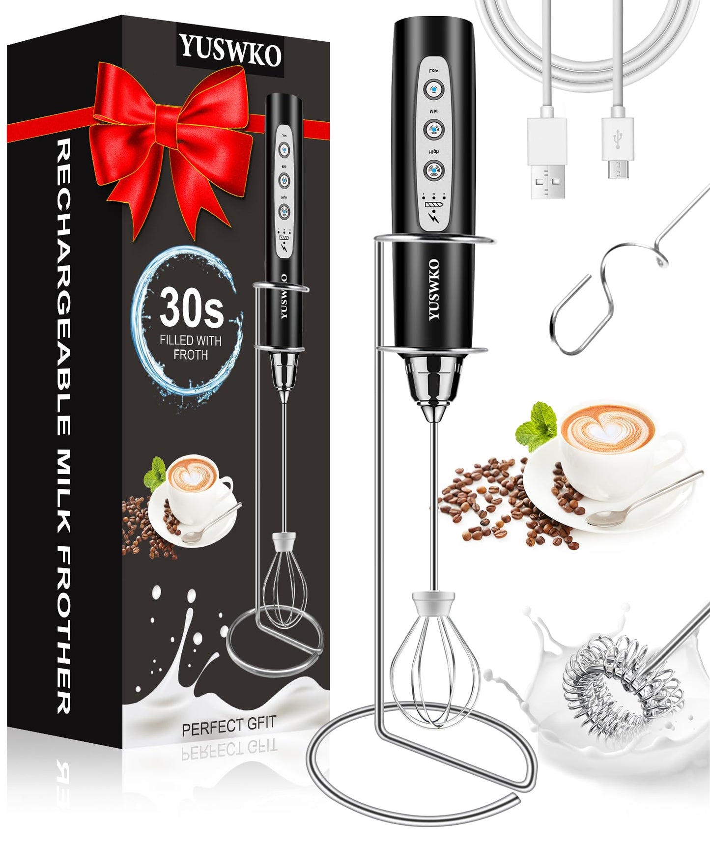 YUSWKO Handheld Milk Frother Wand for Coffee, Rechargeable Electric Whisk with 3 Heads 3 Speeds Drink Mixer Coffee Frother For Latte, Cappuccino, Hot Chocolate, Egg, Beige