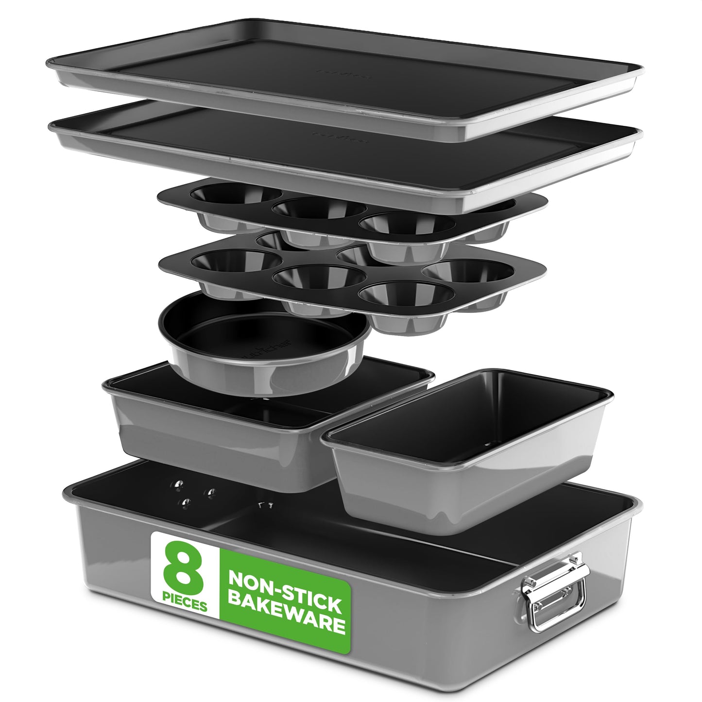 NutriChef 8-Piece Nonstick Stackable Bakeware Set - PFOA, PFOS, PTFE Free Baking Tray Set w/Non-Stick Coating, 450°F Oven Safe, Round Cake, Loaf, Muffin, Wide/Square Pans, Cookie Sheet (Blue)