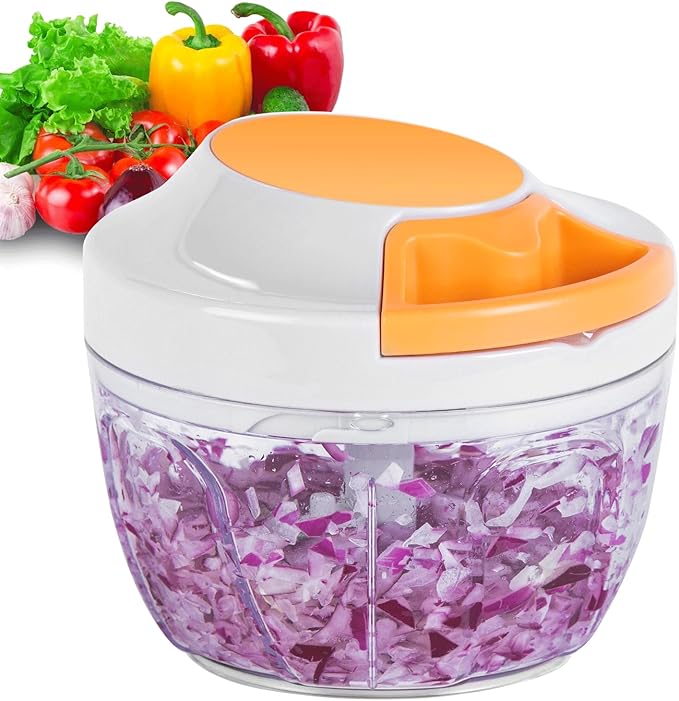 Manual Food Processor & Vegetable Chopper, Hand Pull String Garlic Mincer Onion Chopper Dicer for Salsa Pesto Guacamole, 3 Stainless Steel Blades, 650ml White