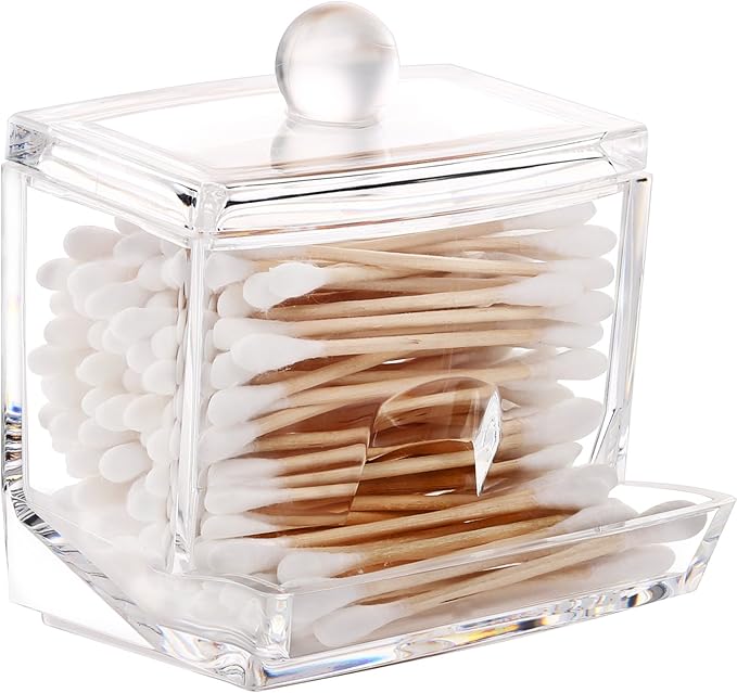 Luxspire Acrylic Q-Tip cottonswab Storage Dispenser, Clear Cotton Ball Swab Holder Cotton Bud Storage Box, Cosmetics Makeup Storage Holder Box Organizer Container with Lid, Size A (canisters)