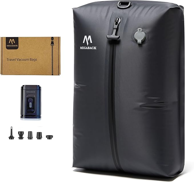 Megaback Travel Vacuum Bags for Luggage with Pump, Reusable Vacuum Seal Bags for Clothing, IP68 Waterproof, Top-open Design, Fits 20/24/28 Inch Suitcase (1PC+Pump, 43L)