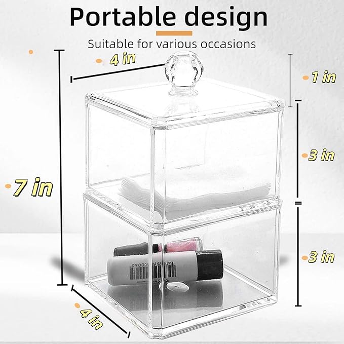Stackable Square Acrylic Cotton Ball Holder Q-tip Holder Bathroom Swab Dispenser (Twin pack)