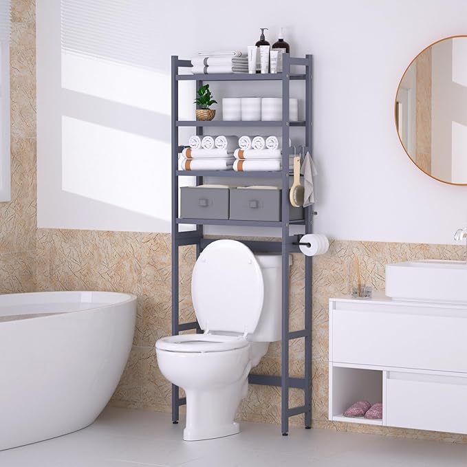 Over The Toilet Storage with 2 Baskets, 4-Tier Bamboo Organizer Rack with Paper Holder & 4 Hooks & Waterproof Feet Pad,Freestanding Shelf for Bathroom(Grey)